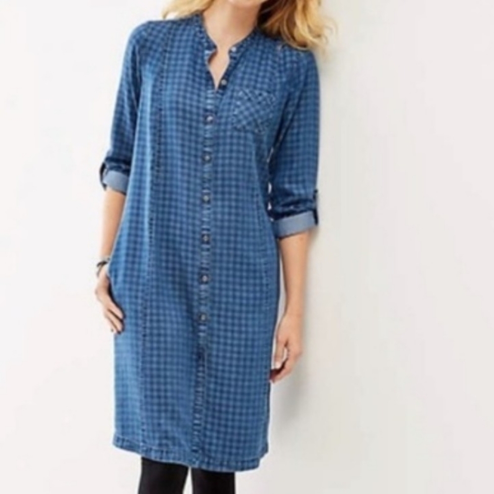 CLEAN!! J. JILL, Tencel Indigo Checkered Button Up Midi Dress. Size M